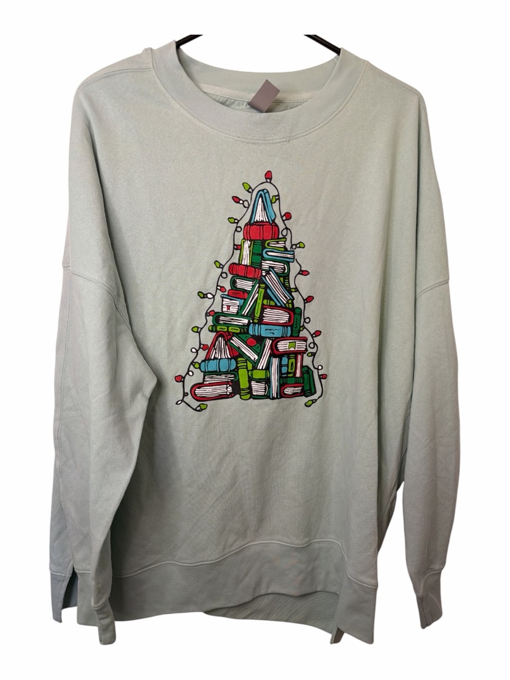 Instant Message Sage Green Holiday Book-Tree Crewneck Sweatshirt